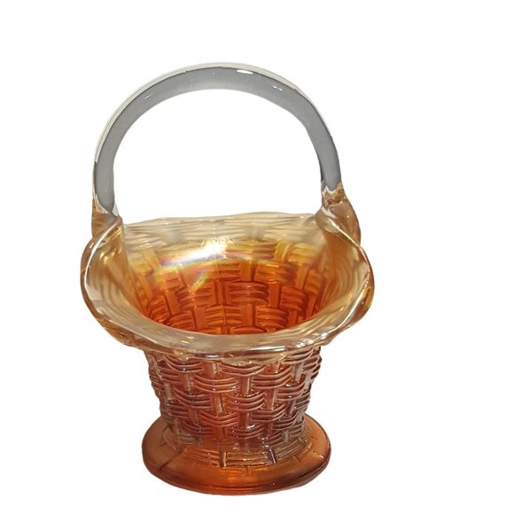Carnival Glass Basket Candy Dish Basketweave Applied Clear Handle 6" - Picture 3 of 10